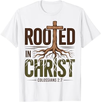 Rooted In Christ Jesus God Religious Cross Christian Faith T-Shirt