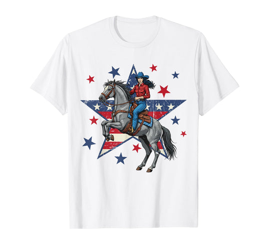Patriotic American Cowgirl Riding Horse USA Flag 4th of July T-Shirt