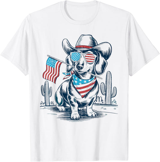 4th of July Patriotic Dachshund Cowboy Dog USA Flag T-Shirt