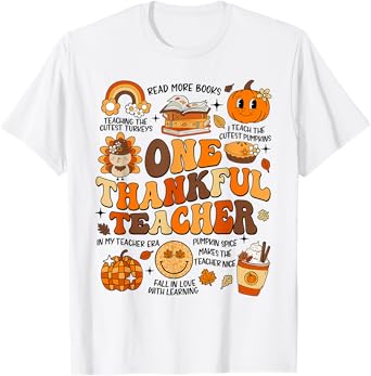 One Thankful Teacher Thanksgiving Retro Groovy Fall Teachers T-Shirt for Men Women Kids