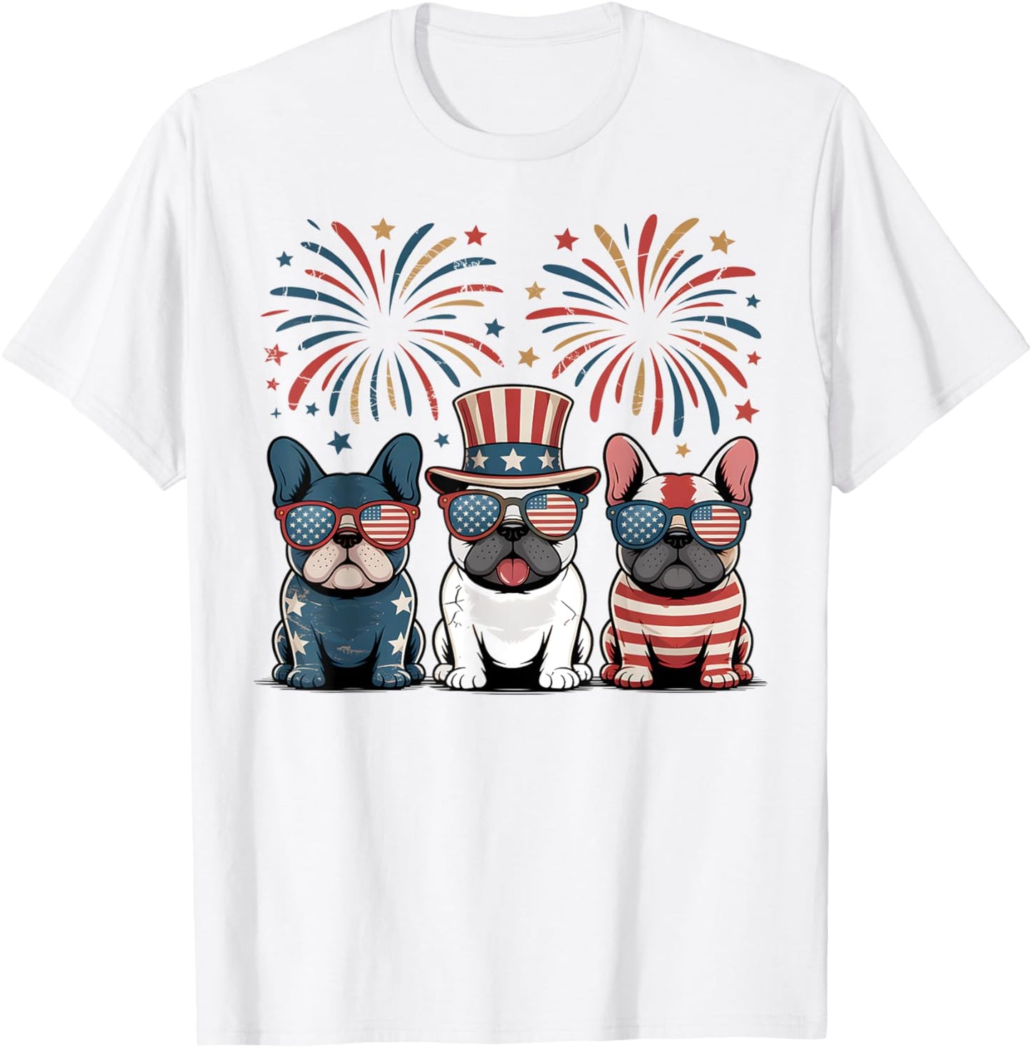French Bulldog USA American Flag Fireworks 4th of July Tee T-Shirt