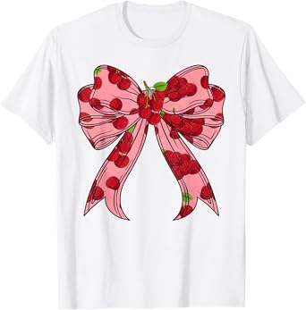 Cherry Pink Red Coquette Bow For Women Girls Cherries Fruit T-Shirt