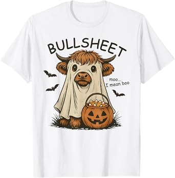 Moo... I Mean Boo Bullsheet Highland Cow Ghost Halloween T-Shirt