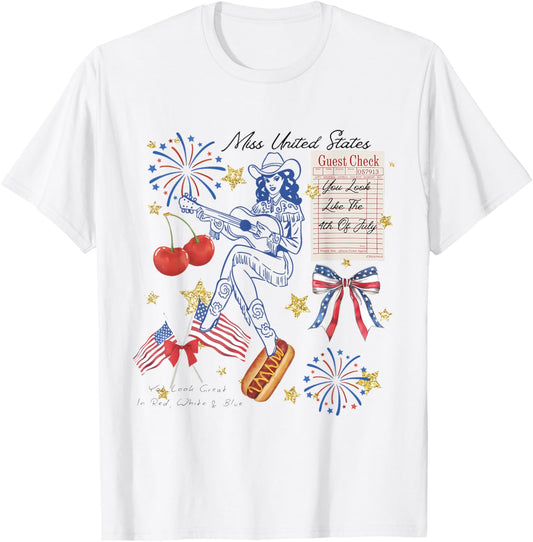 Vintage Cowgirl Miss United States Guest Check 4th Of July T-Shirt