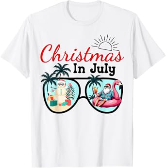 Vacation Christmas In July Sunglasses Santa Flamingo Summer T-Shirt