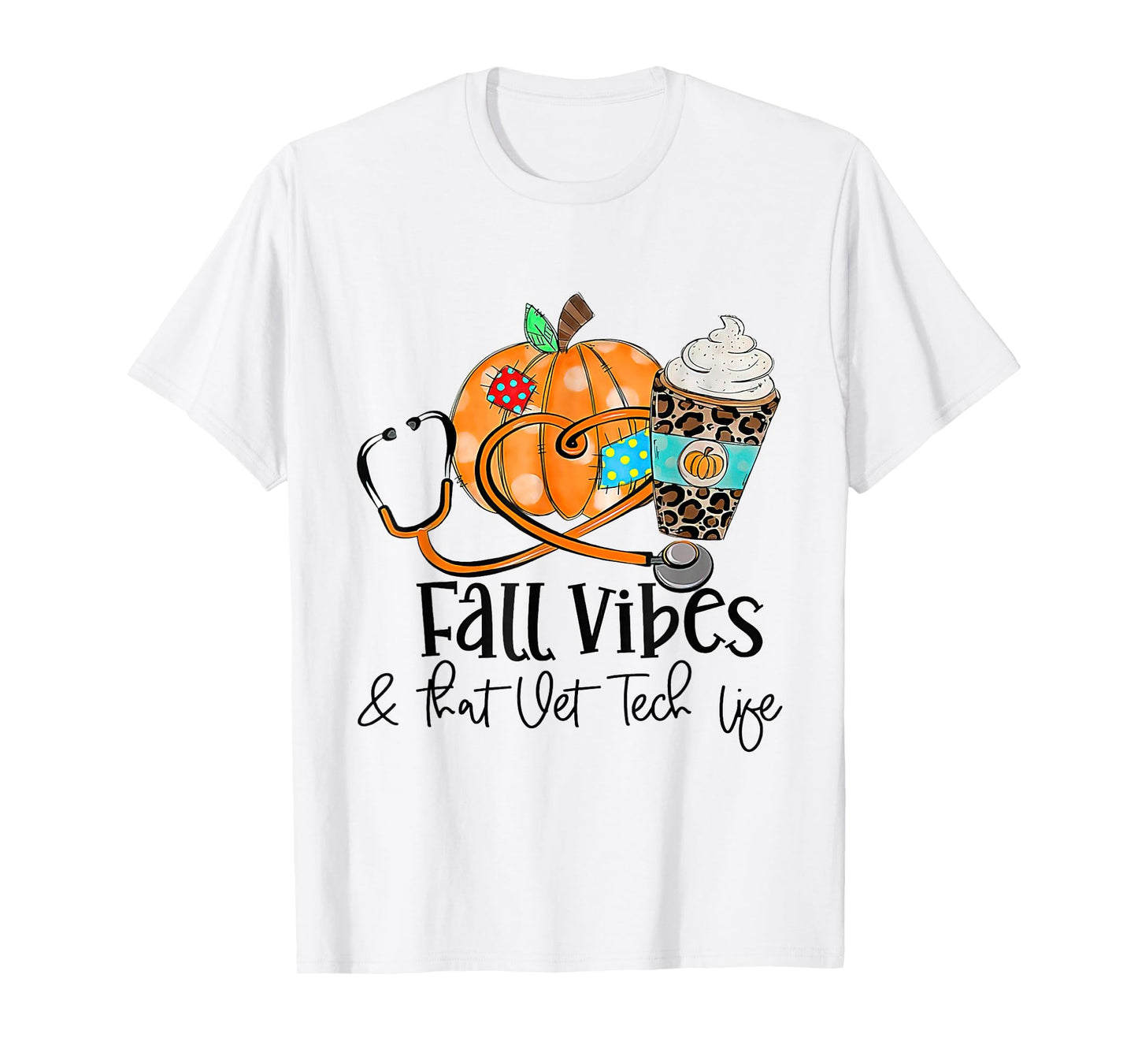 Fall Vibes And Vet Tech Life Pumpkin Leopard Thanksgiving T-Shirt