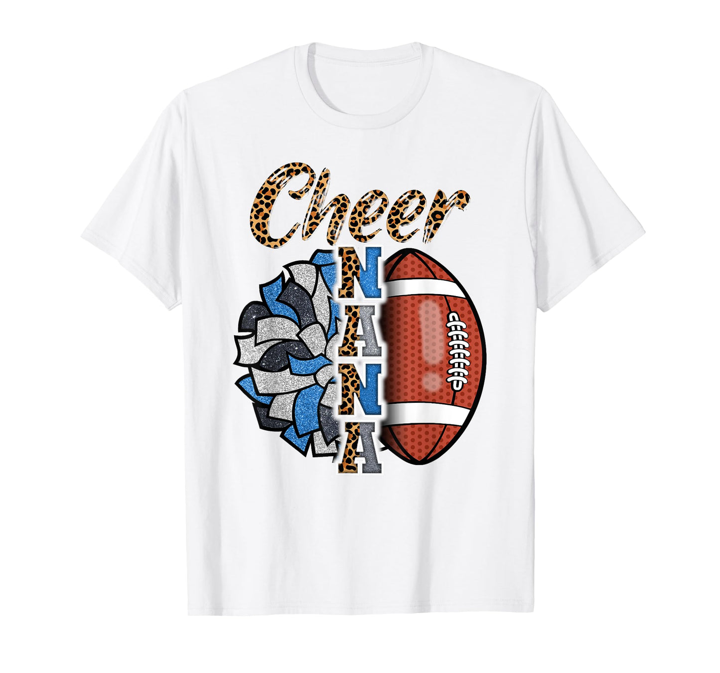 Football Cheer Nana Grandma Blue White Pom Pom Leopard T-Shirt