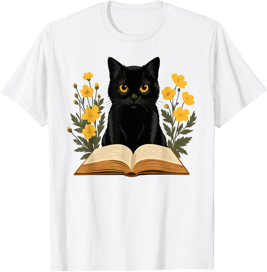 Black Cat Reading Book Floral T-Shirt