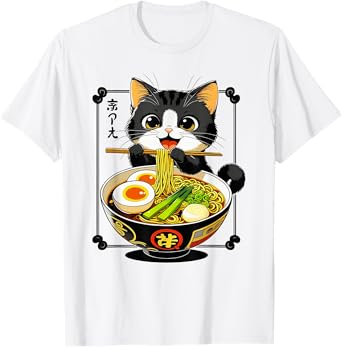 Cute Black Cat Eating Ramen Noodles Lover Japanese Clothing T-Shirt