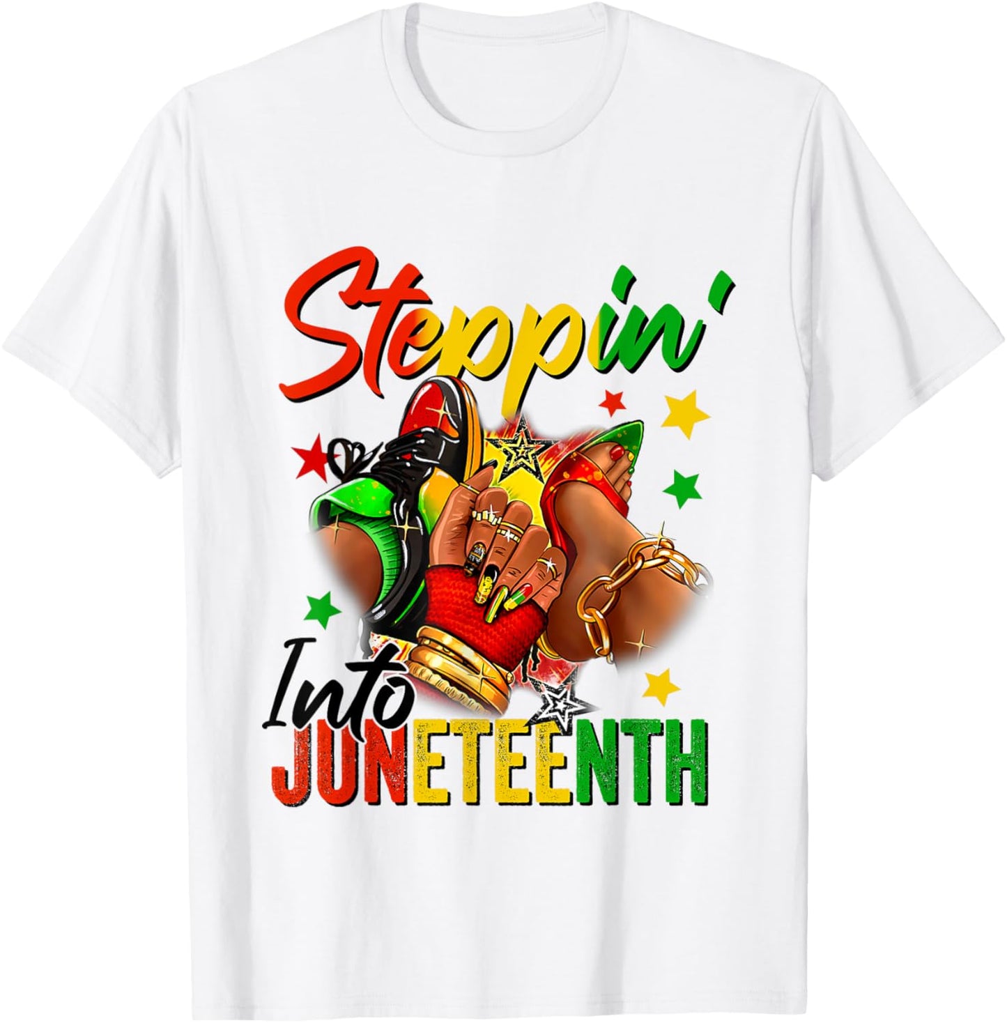 Stepping into juneteenth Afro Woman Black Girls Sneakers Men T-Shirt