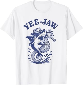 Yee Jaw Shark Cowboy Riding Seahorse Western Country Rodeo T-Shirt