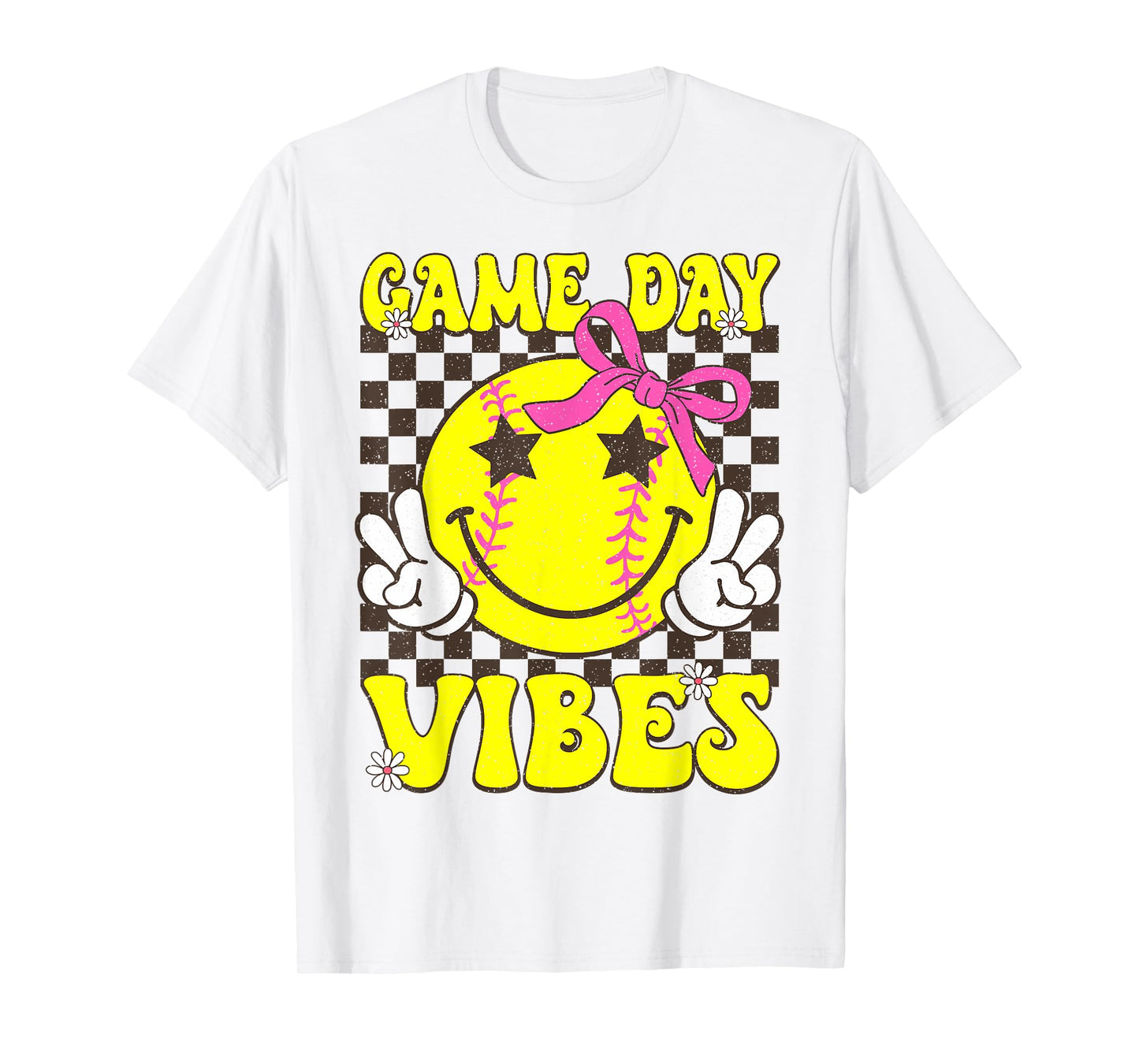 Game Day Vibes Softball Groovy Checkered Smile Girls Women T-Shirt