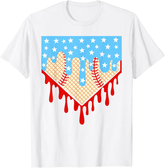 Baseball Drip Boy Ice Cream Patriotic American Flag 4th July T-shirt