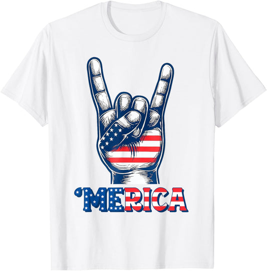 Merica Rock Sign 4th Of July Vintage Retro American Flag T-shirt