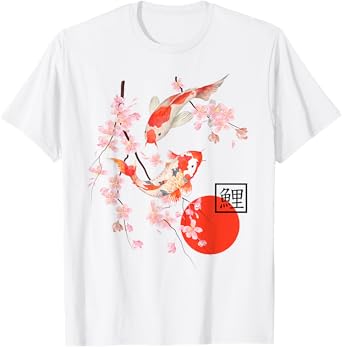 Cherry Blossom Koi Carp Fish Japanese Sakura Graphic Art T-Shirt