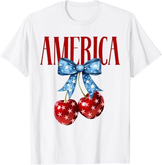 American Coquette Cherry Bow Patriotic USA Flag 4th Of July T-Shirt