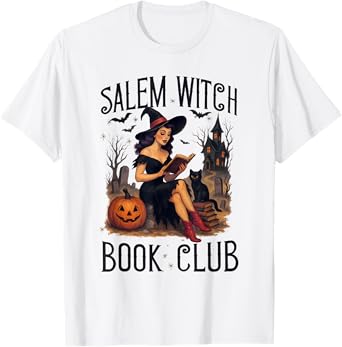 Salem Witch Book Club Bookish Retro Halloween Black Cat T-Shirt