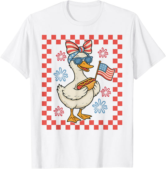 Cute America Goose 4th Of July US Flag Patriotic Bow Girl T-Shirt