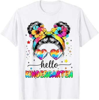 Hello Kindergarten Messy Bun First Day Of School Girls Tee T-Shirt