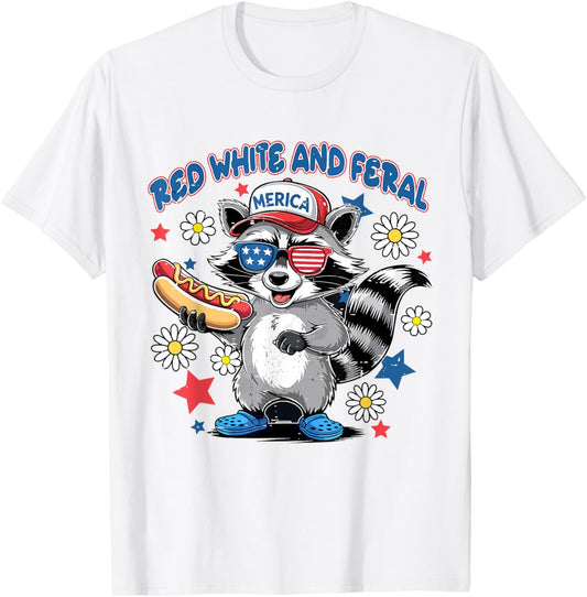 Cute Red White And Feral Funny Raccoon Hot Dog 4th Of July T-Shirt