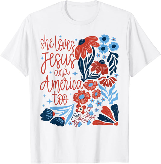 Retro She Loves Jesus And America Too Floral 4th Of July T-shirt
