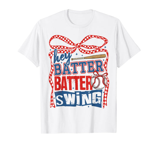 Baseball Mom Hey Batter Batter Swing Coquette Bow Womens T-Shirt