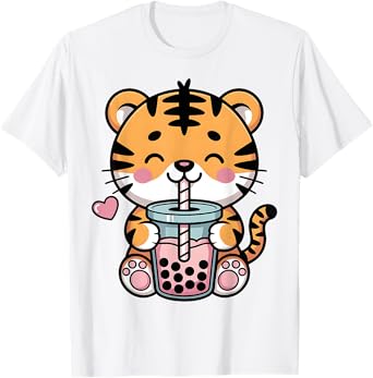 Kawaii Tiger Boba Tea Anime Japanese Bubble Tea Lover Girls T-Shirt