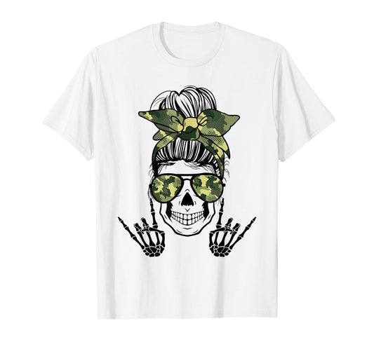 Horror Life Camo Messy Bun Skeleton Haloween Rock N Roll T-Shirt