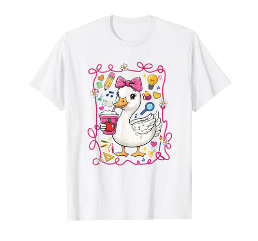 Coquette Bow Goose Teacher Preppy Floral Back To School T-Shirt