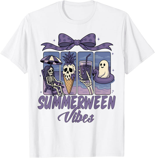 Summerween Vibes Skeleton Ghost Beach Party Halloween Bow T-Shirt