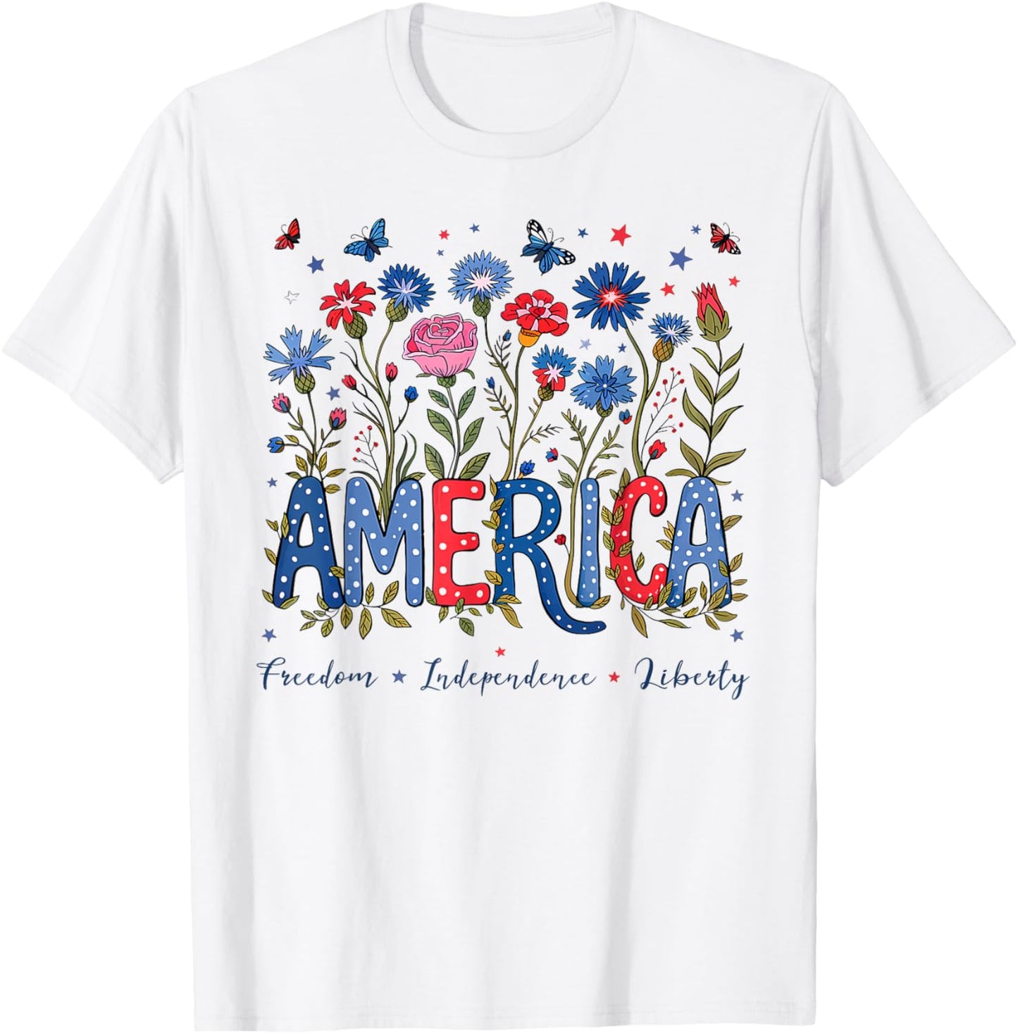 Patriotic Floral America Independence Day July 4th Womens T-shirt
