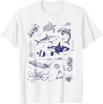 Ocean Wildlife Vintage Shark Turtle Octopus Graphic T-Shirt