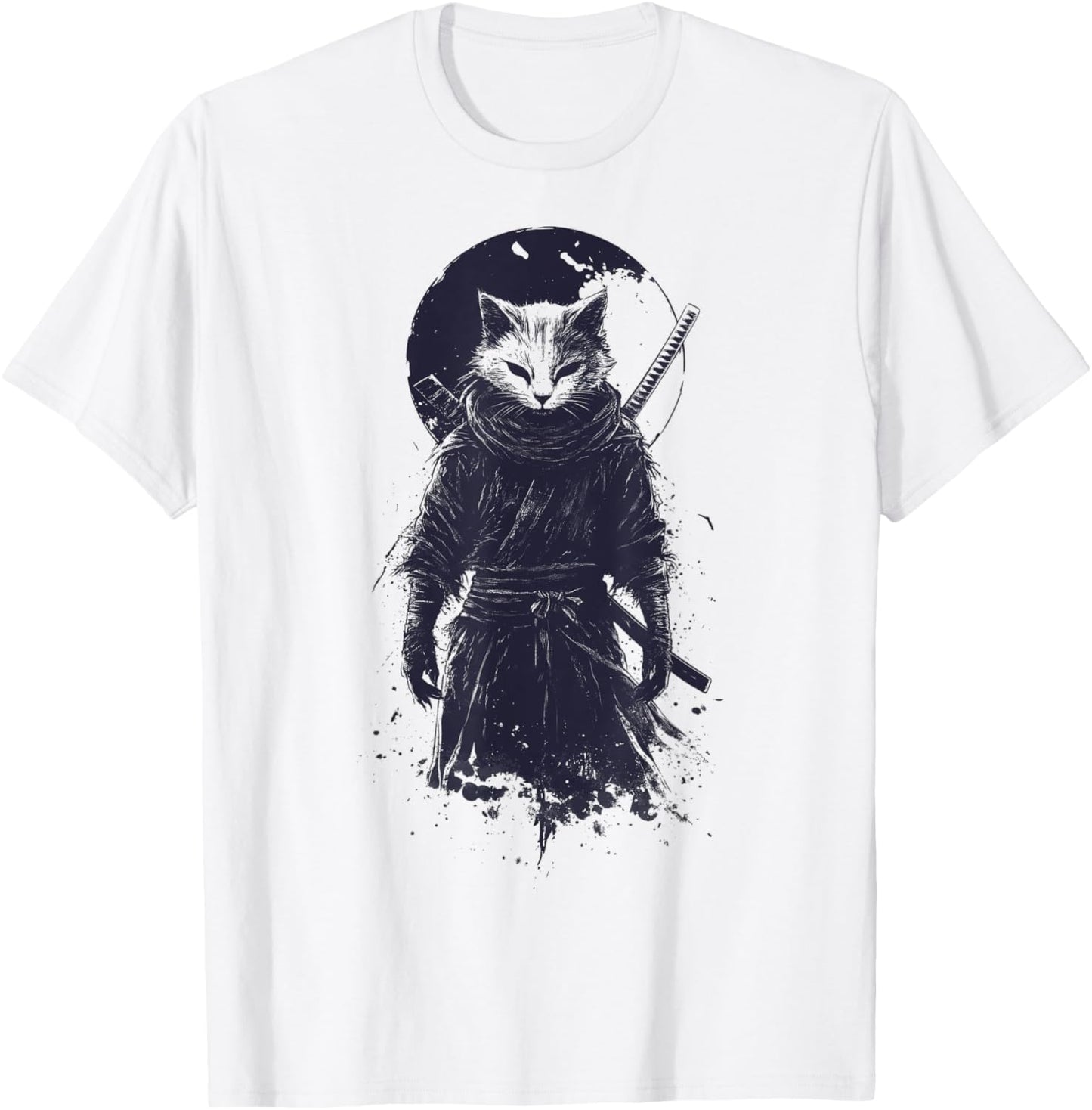 Cat Ninja Warrior with Katana and Moon T-Shirt