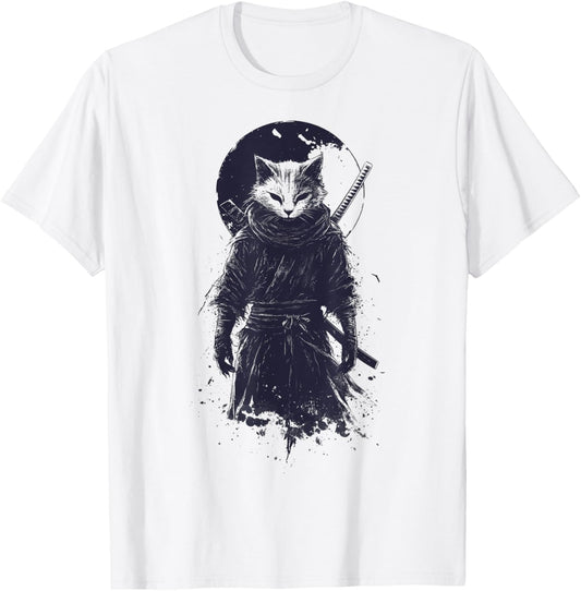 Cat Ninja Warrior with Katana and Moon T-Shirt