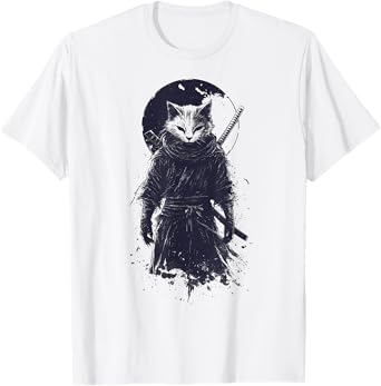 Cat Ninja Warrior with Katana and Moon T-Shirt for Men Women Kids