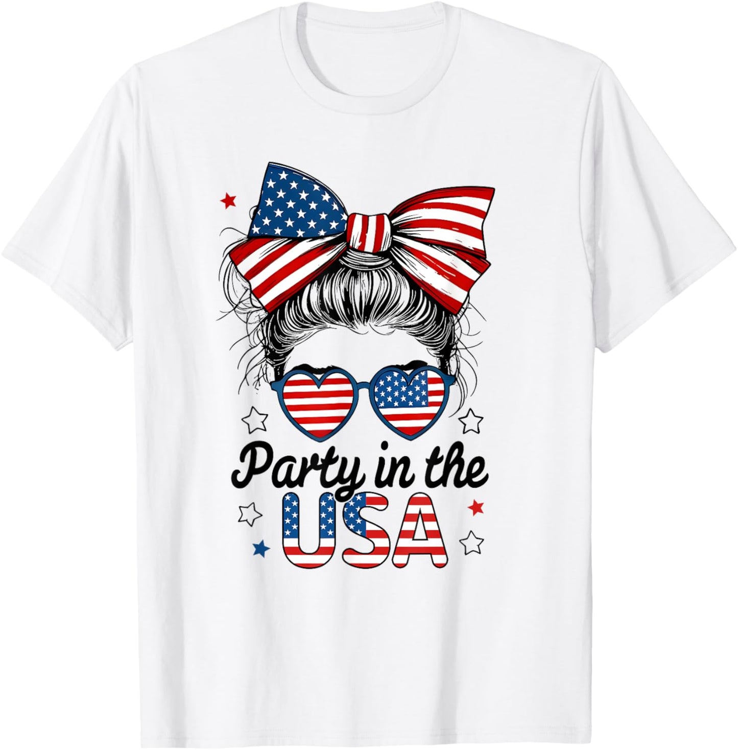 Party In Usa Girls 4th Of July Shirt Daughter Messy Bun Usa T-shirt