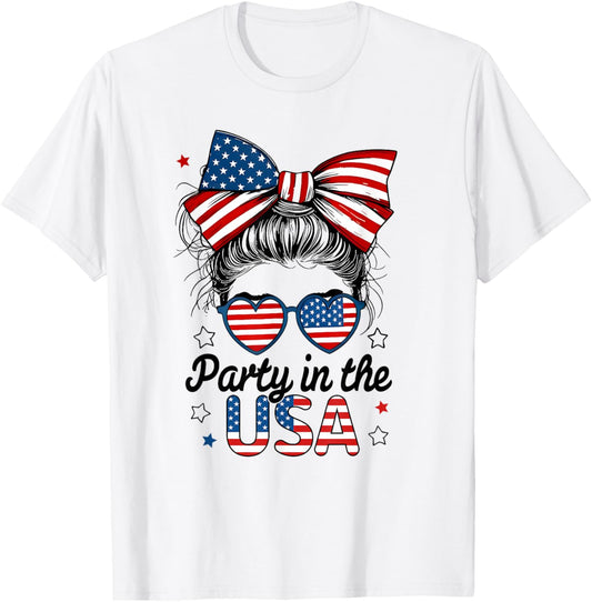 Party In Usa Girls 4th Of July Shirt Daughter Messy Bun Usa T-shirt