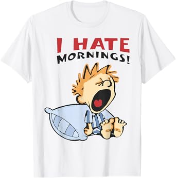 Vintage I Hate Mornings Tee Unisex-Adults, Unisex-Kids Funny Graphic T-Shirt Blue Small Modern Classic Cartoon T-Shirt