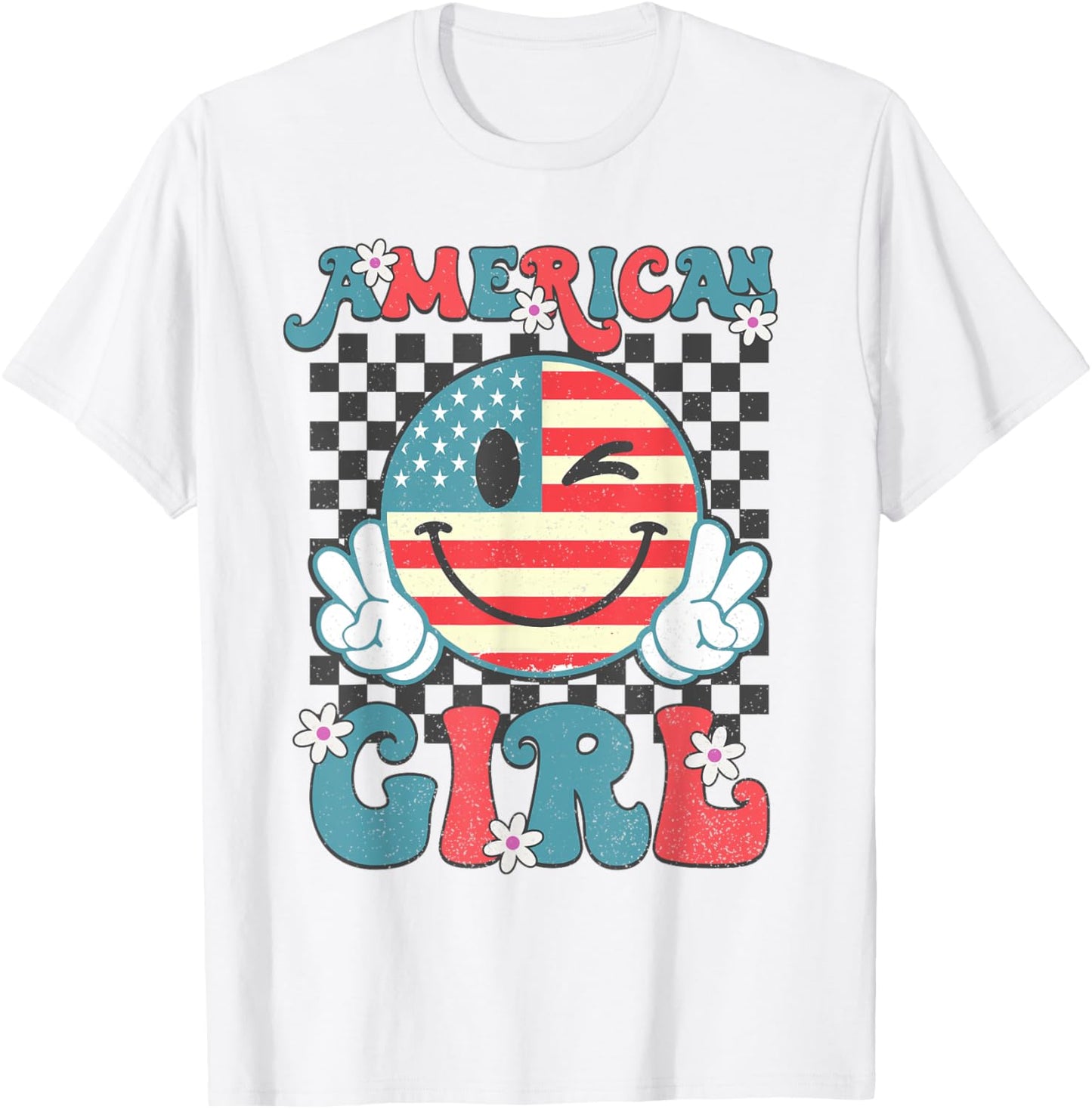 Retro American Girl 4th of July Smile Checkered Womens Girls T-Shirt