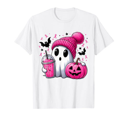 in October We Wear Pink Spooky Ghost Halloween Breast Cancer T-Shirt