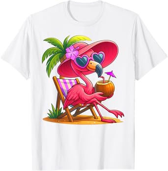 Summer Vibes Pink Flamingo Beach Palm Tree Summer Vacation T-Shirt
