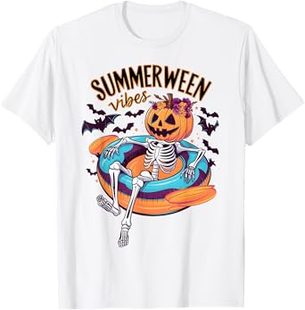 Summerween Vibes Skeleton Pumpkin Summer Vacation Men Women Kids T-Shirt