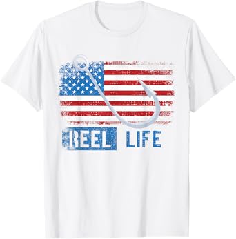 Grunge American Flag Fisherman Graphic, Fishing Reel Life T-Shirt