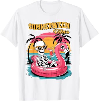 Summerween Vibes Skeleton Flamingo Spooky Halloween Summer T-Shirt