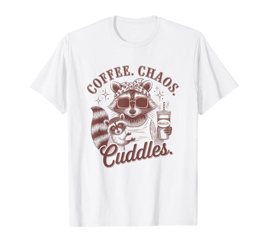 Coffee Chaos Cuddles Raccoon Mom Life Fun T-Shirt