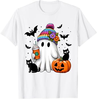 Cute Ghost Drinking Coffee Black Cat Ghost Pumpkin Halloween Men Women Kids T-Shirt