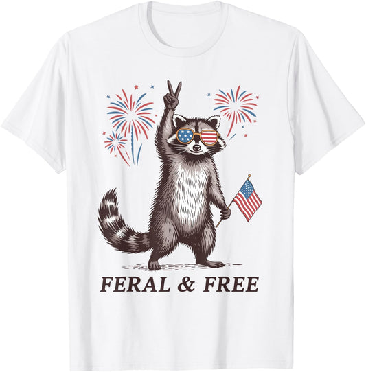 Funny Raccoon Feral And Free Usa 4th Of July Usa Flag T-shirt