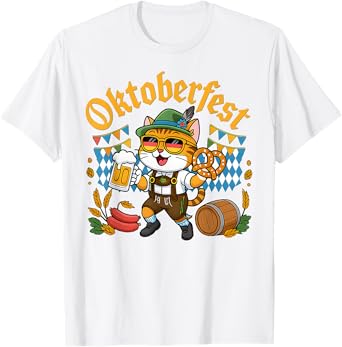 Funny Oktoberfest Cute Cat German Costume Beer Pretzel T-Shirt