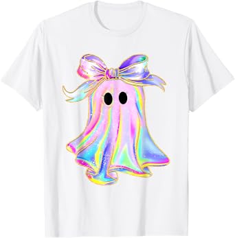 Disco Ghost Pumpkin Halloween Girly Coquette Bow T-Shirt