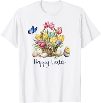 Happy Easter Flower Basket with Baby Chick Butterfly Easter T-Shirt